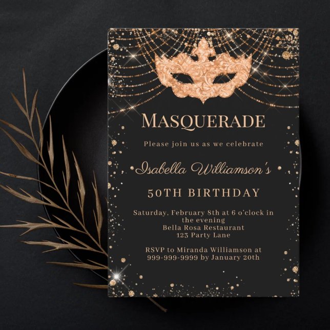 Invitation Fête d'anniversaire en or noir masqué (Créateur téléchargé)