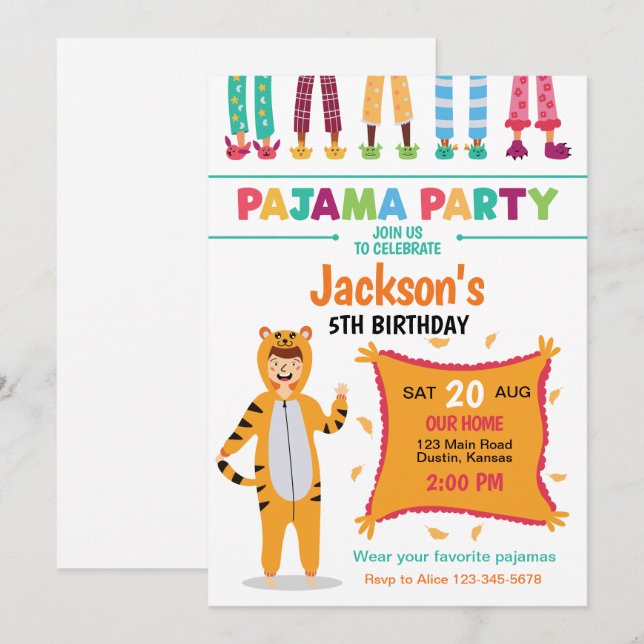 Invitation Fête d'anniversaire en pyjama (Devant / Derrière)