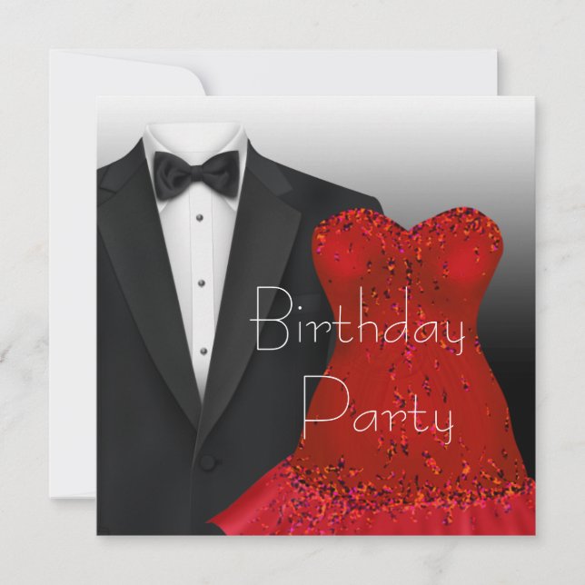 Invitation Fête d'anniversaire en smoking noir et robe rouge (Devant)