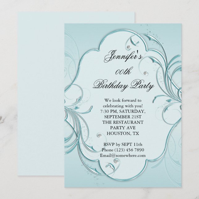 Invitation Fête d'anniversaire encadrée Aqua Flourish (Devant / Derrière)