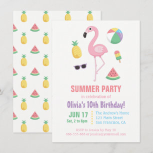 Invitation Fête d'anniversaire enfant Flamant Rose Pastèque A