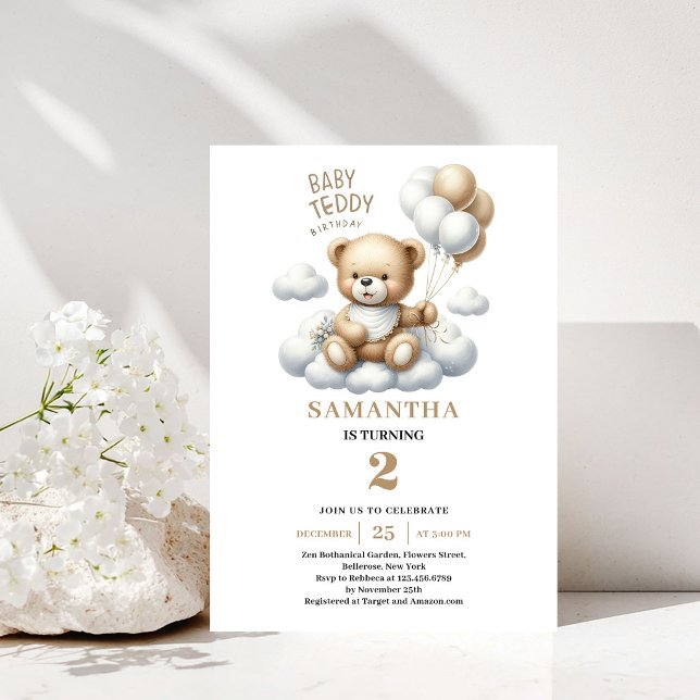 Invitation Fête d'anniversaire Enfant Ours en Pelu (Kids Birthday Teddy Bear Gold Ivory Party Invite)