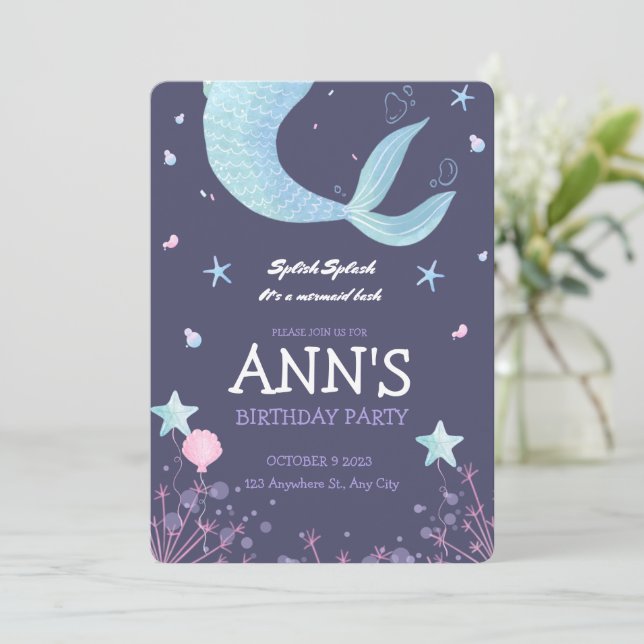 Invitation Fête d'anniversaire enfant Sirène aquarelle rose v (Debout devant)