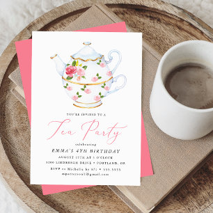 Invitation Fête d'anniversaire enfant thème thé à l'aquarelle