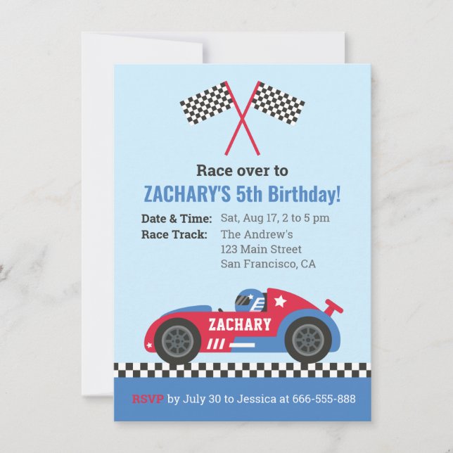 Invitation Fête d'anniversaire enfant voiture de course bleue (Devant)