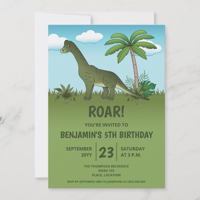 Invitation Fête d'anniversaire enfantin de dinosaure Brachios (Devant)