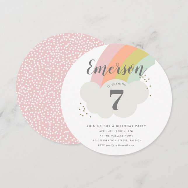 Invitation Fête d'anniversaire enfantine arc-en-ciel pastel e (Devant / Derrière)