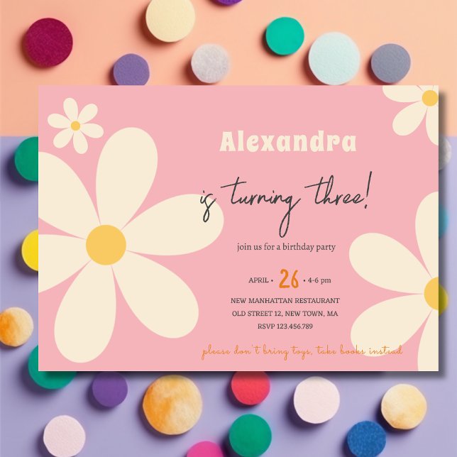 Invitation Fête d'anniversaire enfantine fleur rétro Daisy (Créateur téléchargé)
