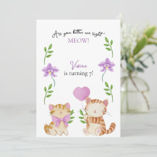 Invitation Fête d'anniversaire enfantine florale de chat mign