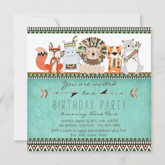 Invitation Fête d'anniversaire enfantine tribale amérindienne (Devant)