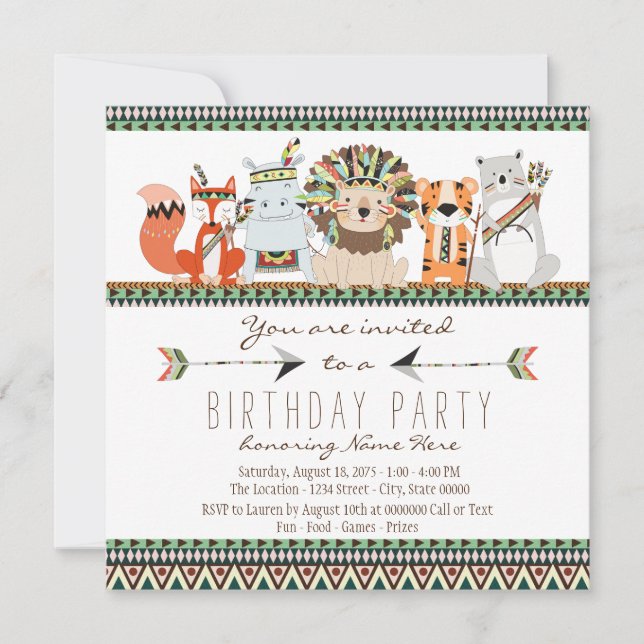 Invitation Fête d'anniversaire enfantine tribale indienne pou (Devant)