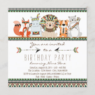 Invitation Fête d'anniversaire enfantine tribale indienne pou