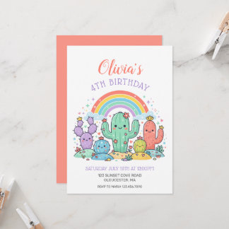 Invitation FÊTE D'ANNIVERSAIRE ENFANTS Cactus Arc-en-Ciel Kaw