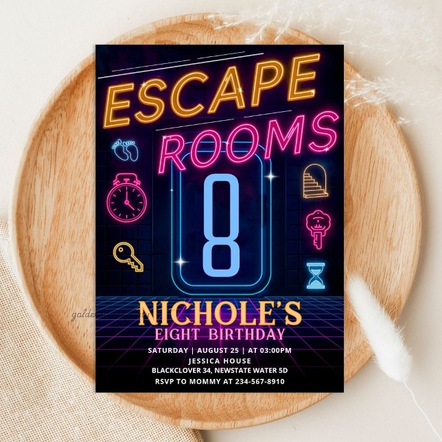 Invitation Fête d'anniversaire Escape Room - Thème Neon Glow (Escape Room Birthday Party - Neon Glow Theme Invitation)