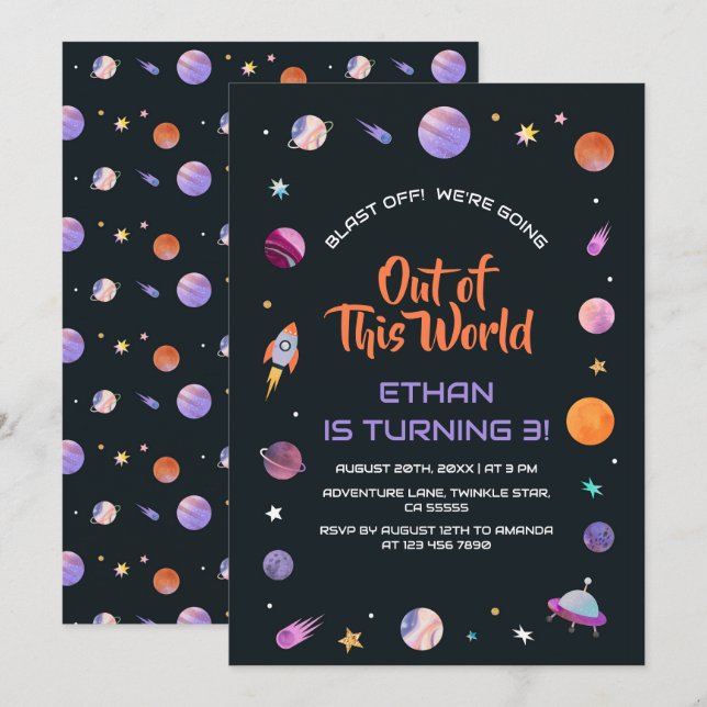 Invitation Fête d'anniversaire Espace extraordinaire (Devant / Derrière)