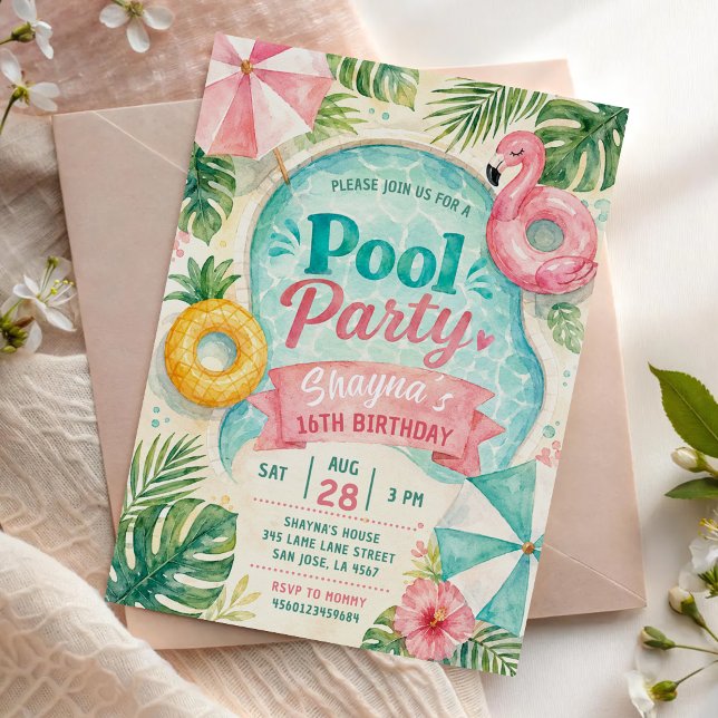 Invitation Fête d'anniversaire estivale au bord de la piscine (Créateur téléchargé)