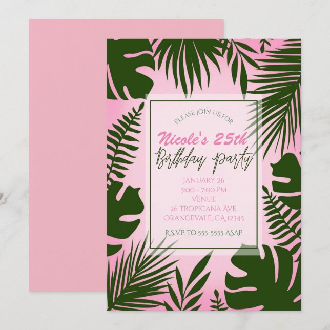 Invitation Fête d'anniversaire estivale avec feuilles tropica (Devant / Derrière)
