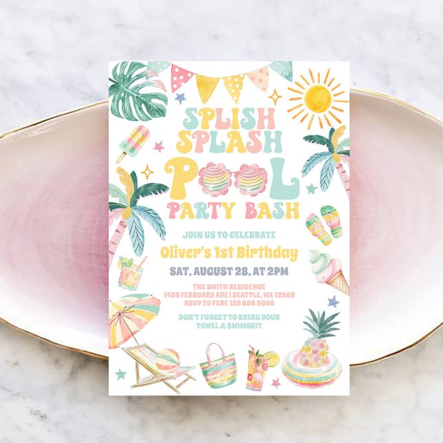 Invitation Fête d'anniversaire estivale avec piscine Splish S (Créateur téléchargé)