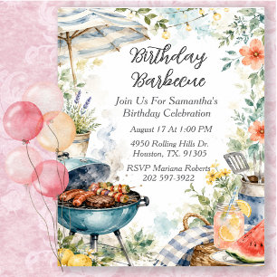 Invitation Fête d'anniversaire estivale en aquarelle barbecue