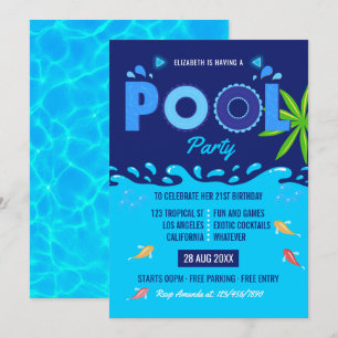 Invitation Fête d'anniversaire estivale piscine Bleu Royal