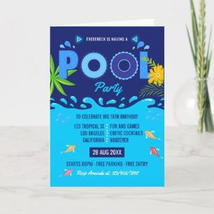 Invitation Fête d'anniversaire estivale piscine Bleu Royal