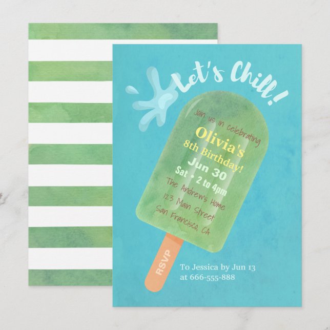 Invitation Fête d'anniversaire estivale Popsicle Vert Détente (Devant / Derrière)