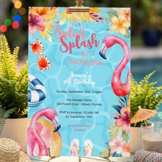 Invitation Fête d'anniversaire estivale splash hawaïenne en p (Créateur téléchargé)