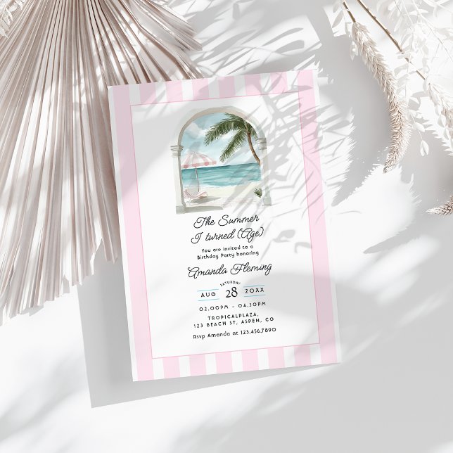 Invitation Fête d'anniversaire estivale sur la plage rose côt (Coastal Pink Beach Summer Birthday Party Invitation)