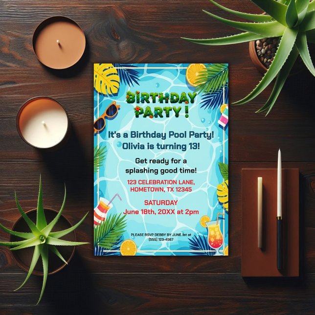 Invitation Fête d'anniversaire estivale tropicale au bord de  (Créateur téléchargé)