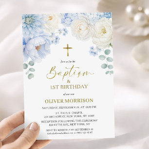 Invitation Fête d'anniversaire et baptême élégant avec fleurs