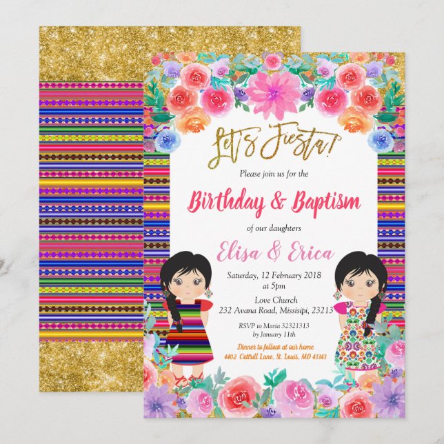 Invitation Fête d'anniversaire et baptême pour les jumelles (Devant / Derrière)