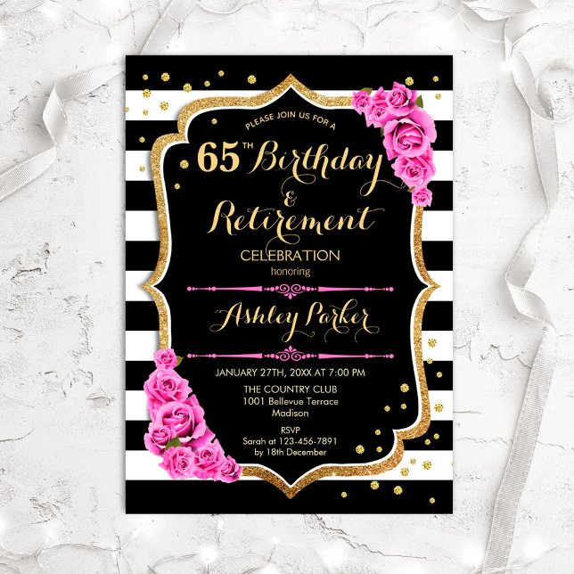 Invitation Fête d'anniversaire et de retraite - Noir Rose Or (Créateur téléchargé)