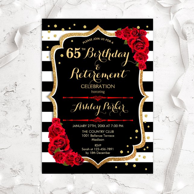 Invitation Fête d'anniversaire et de retraite - Noir Rouge Or (Créateur téléchargé)