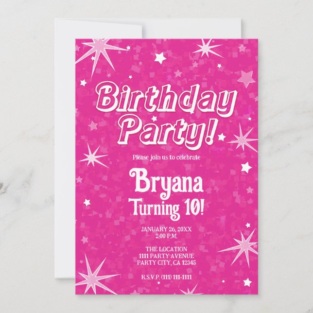 Invitation Fête d'anniversaire Étincelle Étoiles Rose Chaud e (Devant)