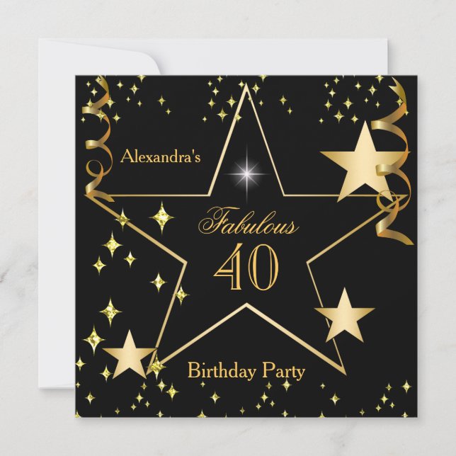 Invitation Fête d'anniversaire étoilée noire dorée fabuleuse  (Devant)