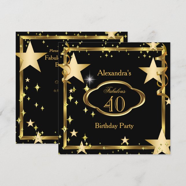 Invitation Fête d'anniversaire étoilée noire dorée fabuleuse  (Devant / Derrière)