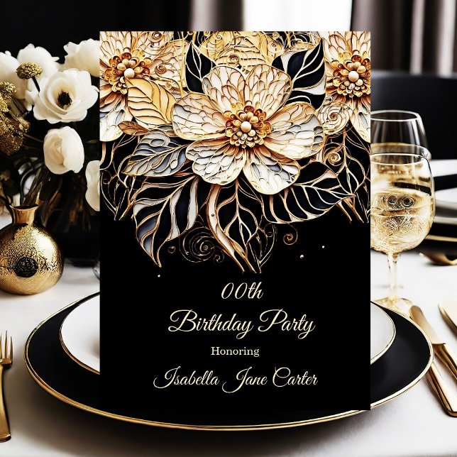 Invitation Fête d'anniversaire exotique Floral beige or noir (Créateur téléchargé)