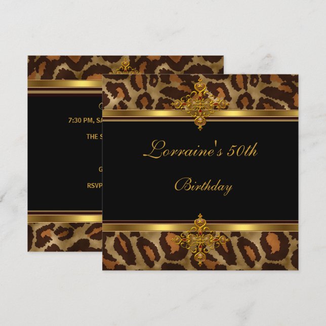 Invitation Fête d'anniversaire Exotique Or Noir 50 ans (Devant / Derrière)