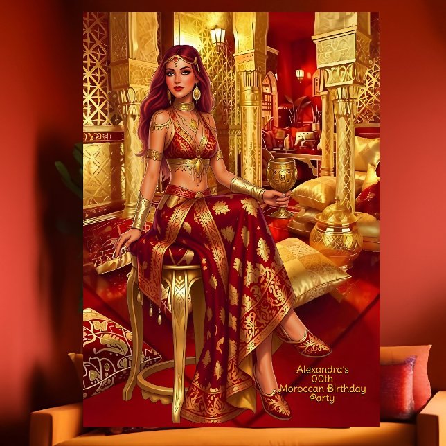 Invitation Fête d'anniversaire exotique rouge or thème maroca (Créateur téléchargé)