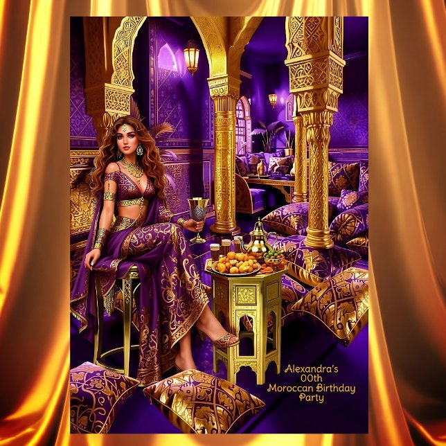 Invitation Fête d'anniversaire exotique violet or thème maroc (Créateur téléchargé)