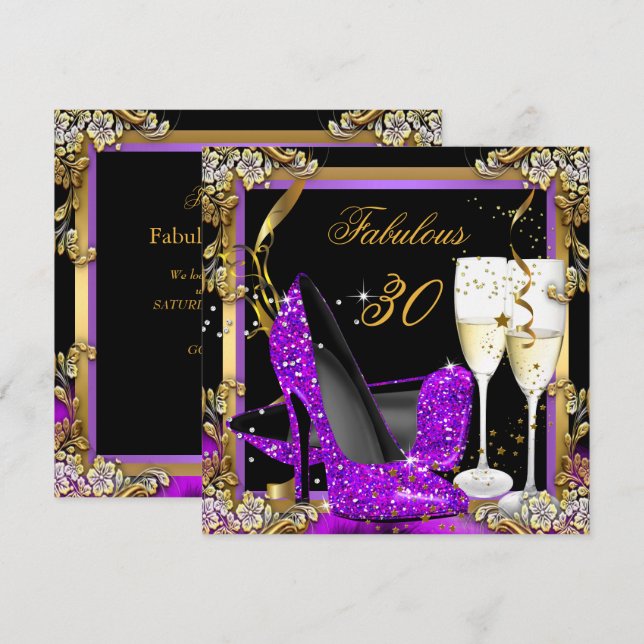 Invitation Fête d'anniversaire fabuleuse 30 ans or violet noi (Devant / Derrière)