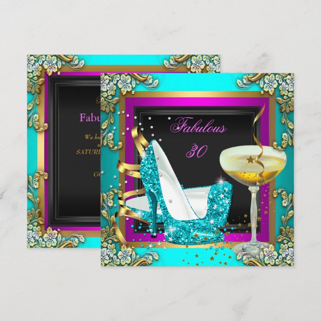Invitation Fête d'anniversaire fabuleuse 30 ans rose turquois (Devant / Derrière)