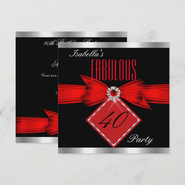 Invitation Fête d'anniversaire fabuleuse 40 Rouge Noir Argent (Devant / Derrière)