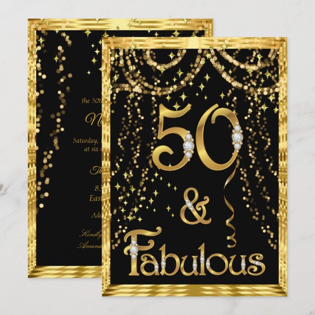 Invitation Fête d'anniversaire fabuleuse 50 ans Confettis or  (Devant / Derrière)