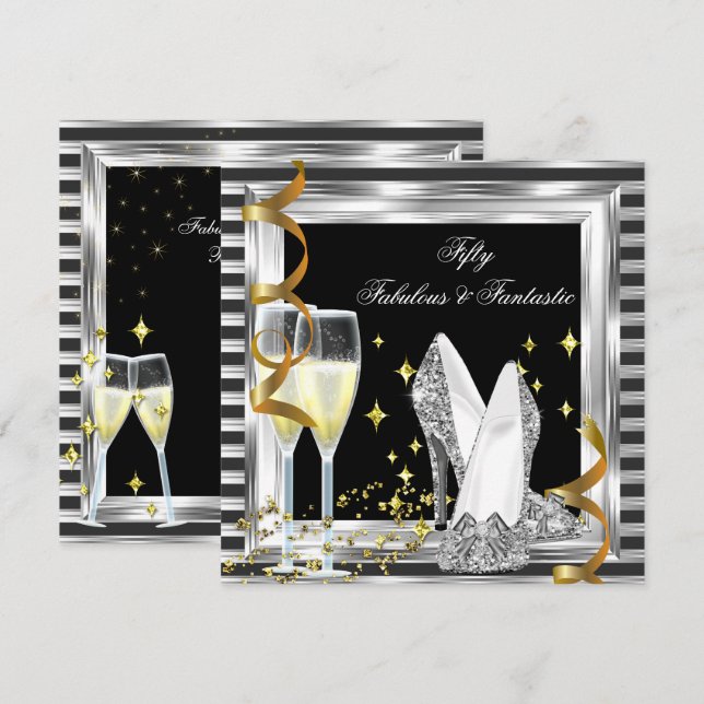 Invitation Fête d'anniversaire fabuleuse 50 ans rayures noire (Devant / Derrière)