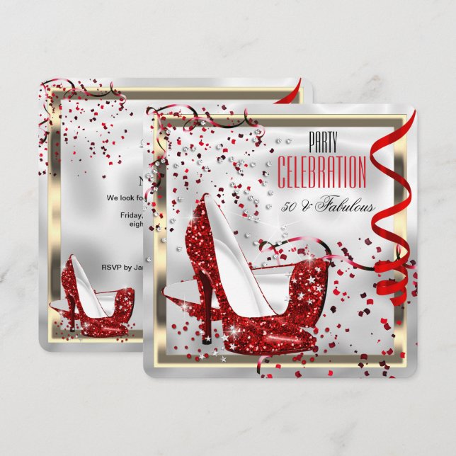 Invitation Fête d'anniversaire fabuleuse 50 ans Rouge Noir Bl (Devant / Derrière)