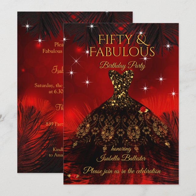 Invitation Fête d'anniversaire fabuleuse à 50 ans Robe rouge  (Devant / Derrière)