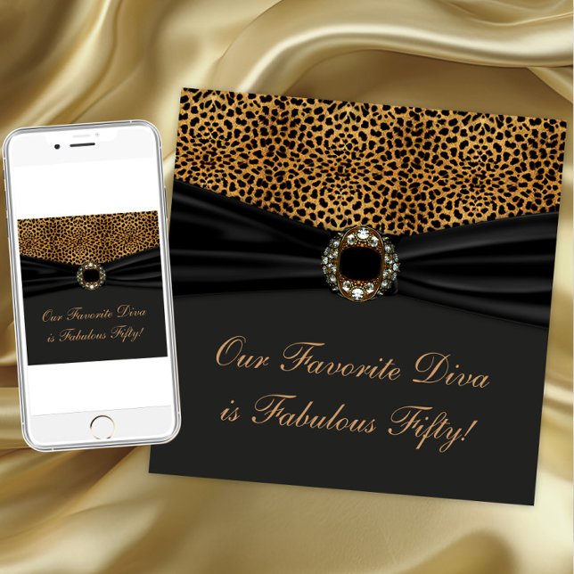 Invitation Fête d'anniversaire fabuleuse de 50 ans de la diva (Elegant leopard jewel any occasion invitation. Instant download and printed invitations available.)