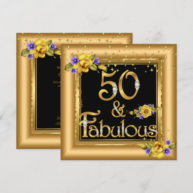 Invitation Fête d'anniversaire fabuleuse de 50 ans Or Noir Ja (Devant / Derrière)