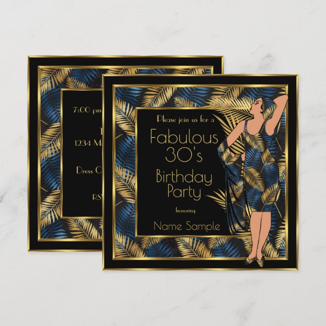 Invitation Fête d'anniversaire fabuleuse des années 30 Or Pal (Devant / Derrière)